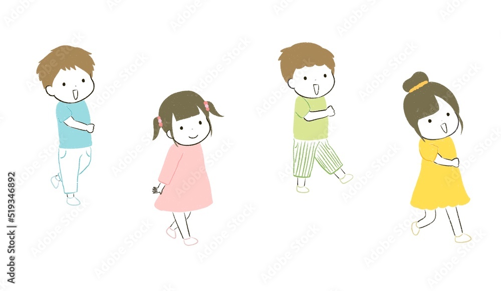 楽しそうに歩く子ども達(横向き・右向き)