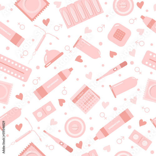 Seamless pattern with birth control methods. Contraception coloured flat icons. Female and male contraceptives. Vector flat illustration