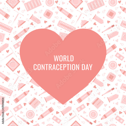 Square World Contraception Day postcard in a flat style with a seamless pattern and a heart. Birth control methods. Template for a social media post. Vector