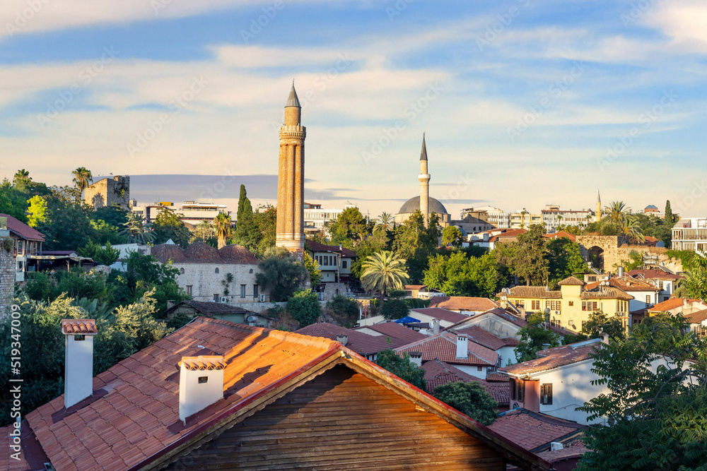 Close up summer photo of Antalya Kaleici Yivli minare.