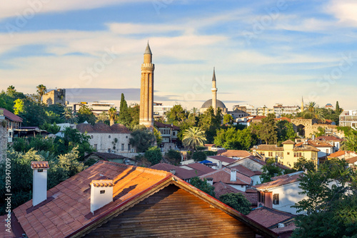 Fototapeta Close up summer photo of Antalya Kaleici Yivli minare.
