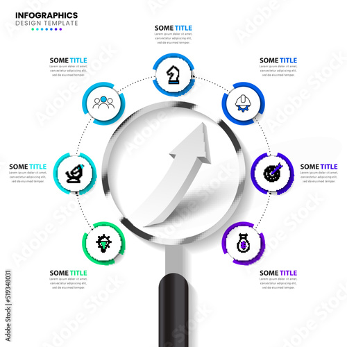 Infographic template. Magnifying glass with 7 steps and 3d arrow