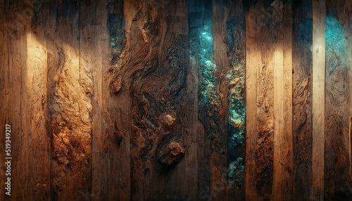 Fototapeta Naklejka Na Ścianę i Meble -  Background of old wood with epoxy resin in blue. wooden table top with blue epoxy, old boards, wood patterns, old dark wood background. 3D illustration.