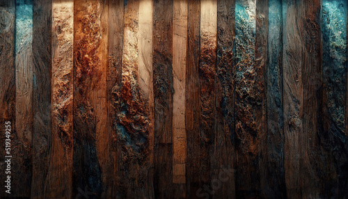 Fototapeta Naklejka Na Ścianę i Meble -  Background of old wood with epoxy resin in blue. wooden table top with blue epoxy, old boards, wood patterns, old dark wood background. 3D illustration.
