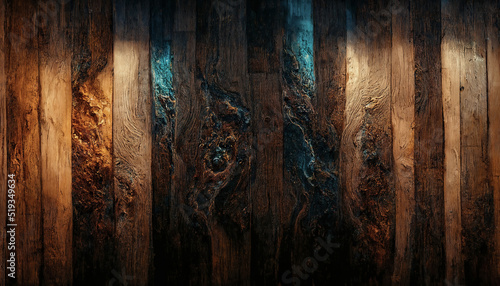 Fototapeta Naklejka Na Ścianę i Meble -  Background of old wood with epoxy resin in blue. wooden table top with blue epoxy, old boards, wood patterns, old dark wood background. 3D illustration.