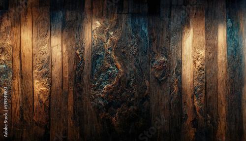 Fototapeta Naklejka Na Ścianę i Meble -  Background of old wood with epoxy resin in blue. wooden table top with blue epoxy, old boards, wood patterns, old dark wood background. 3D illustration.