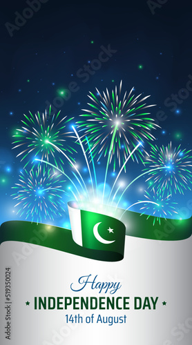 August 14, pakistan independence day, vector template with pakistani flag and colorful fireworks on blue night sky background. Pakistan national holiday august 14th. Independence day card