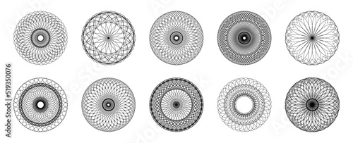 Abstract guilloche set. Circle ornate decorative patterns for certificate, diploma, currency watermark