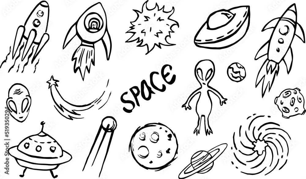 Vector hand-drawn doodles, a set of space objects and symbols, cartoon, contour drawing