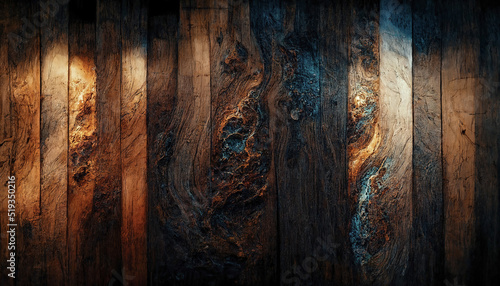 Fototapeta Naklejka Na Ścianę i Meble -  Background of old wood with epoxy resin in blue. wooden table top with blue epoxy, old boards, wood patterns, old dark wood background. 3D illustration.