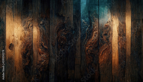 Fototapeta Naklejka Na Ścianę i Meble -  Background of old wood with epoxy resin in blue. wooden table top with blue epoxy, old boards, wood patterns, old dark wood background. 3D illustration.