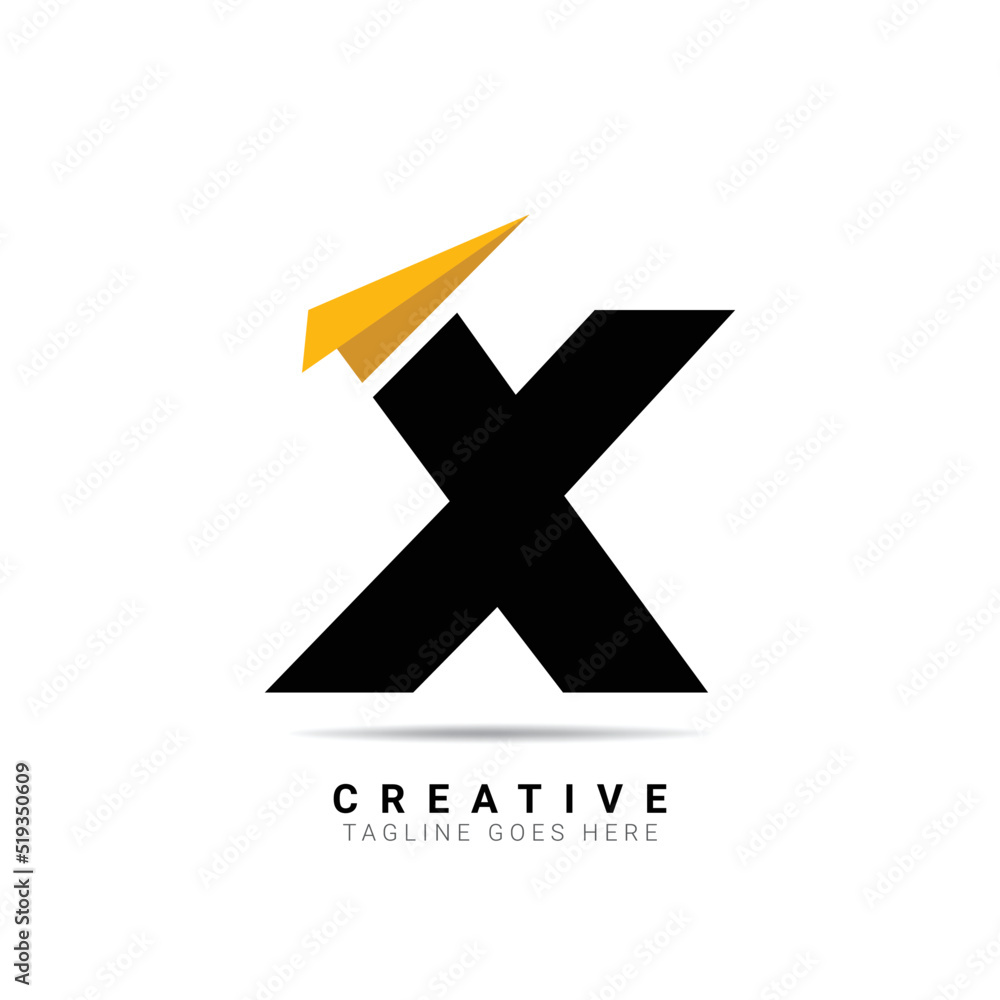 Initial X logo letter alphabet with a paper airplane. Creative X letter logo for company brand identity, travel, logistic, business logo template