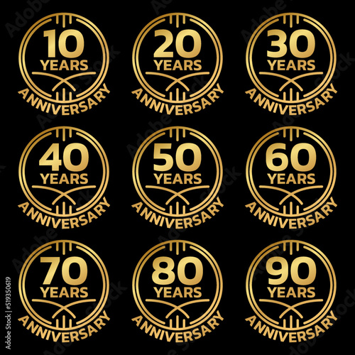 Anniversary golden logo or icon set. 10,20,30,40,50,60,70,80,90 years round stamp collection. Birthday celebrating, jubilee circle badge or label templates. Vector illustration. © metelsky25