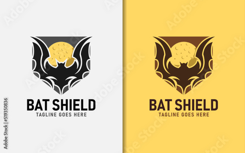 Bat Shield Logo Design. Stylish Bat Silhouette Combined with Moon Shape and Badge Shield Concept.