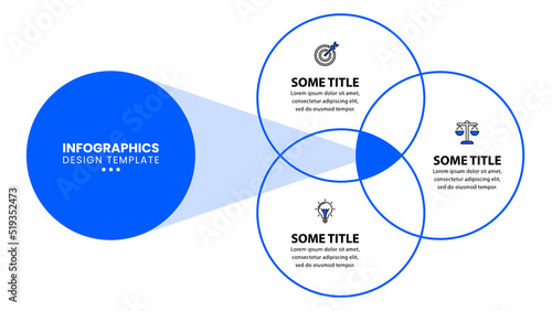 Infographic template. 3 connected blue circles with text and icons