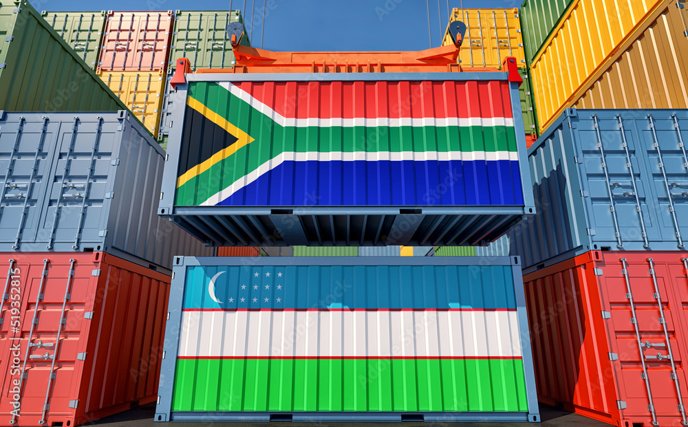 Fototapeta premium Cargo containers with Uzbekistan and South Africa national flags. 3D Rendering