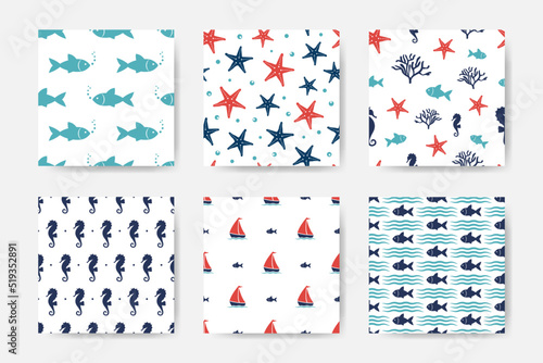 Vector collection of marine seamless patterns with fish, starfish, corals and seahorse