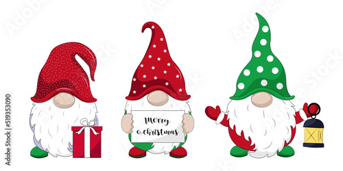 Vector Set of Cute hand drawn Christmas gnomes. Collection of stickers with colorful gnomes merry christmas