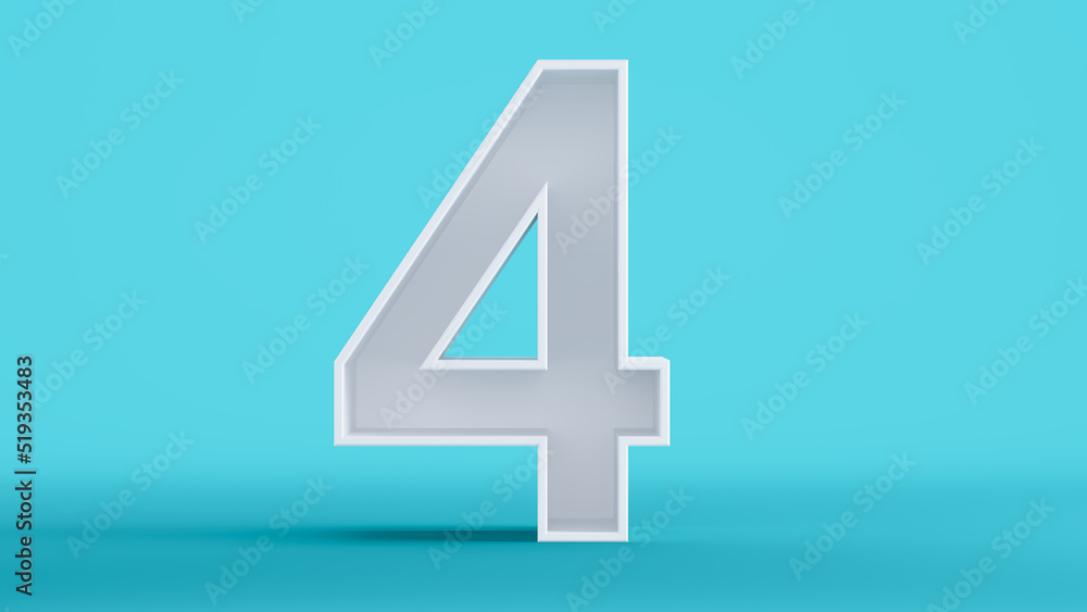Obraz premium 3D render of white number four isolated on a colorful blue background, number 4