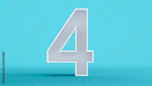 3D render of white number four isolated on a colorful blue background, number 4 photo