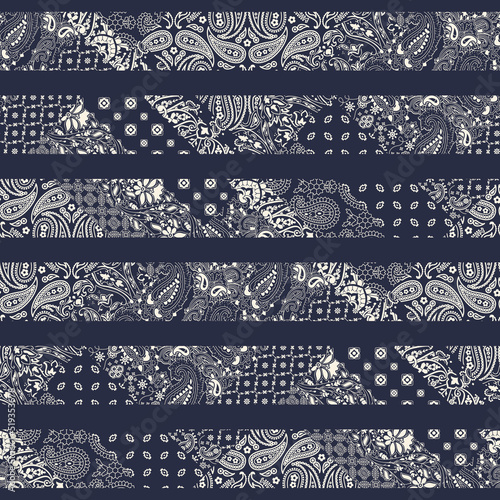 Striped paisley bandana fabric patchwork abstract vector seamless pattern