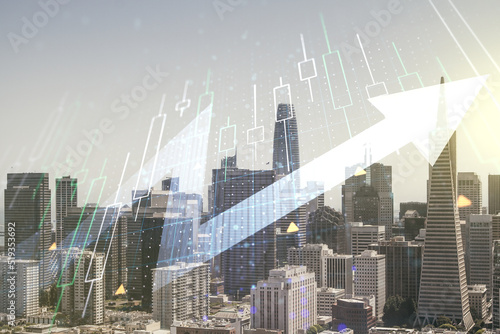 Multi exposure of abstract financial diagram and upward arrow on San Francisco office buildings background, rise and breakthrough concept