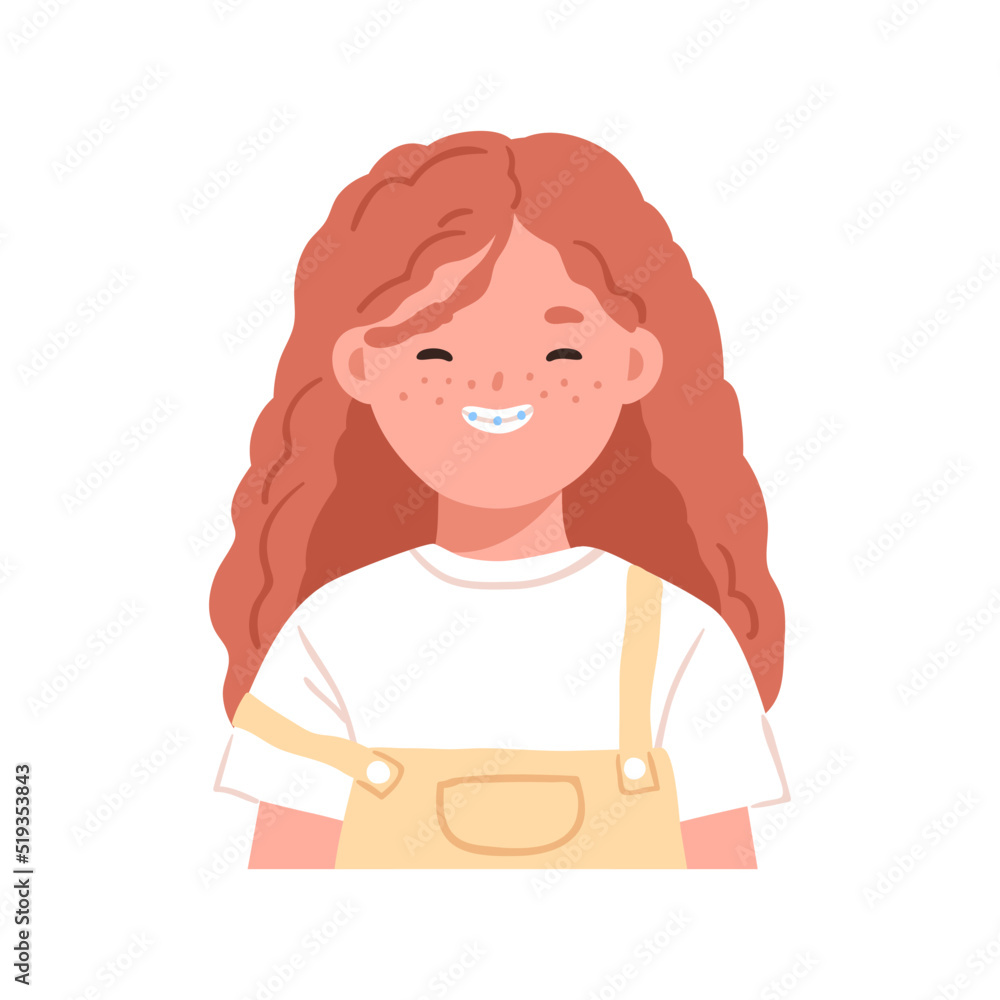 Happy girl head portrait. Cute smiling redhead child with freckles on