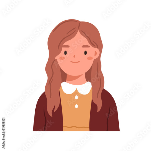 School kid girl, face portrait. Smiling child avatar. Cute schoolgirl head. Happy little student, pupil. Elementary schoolchild. Flat cartoon vector illustration isolated on white background
