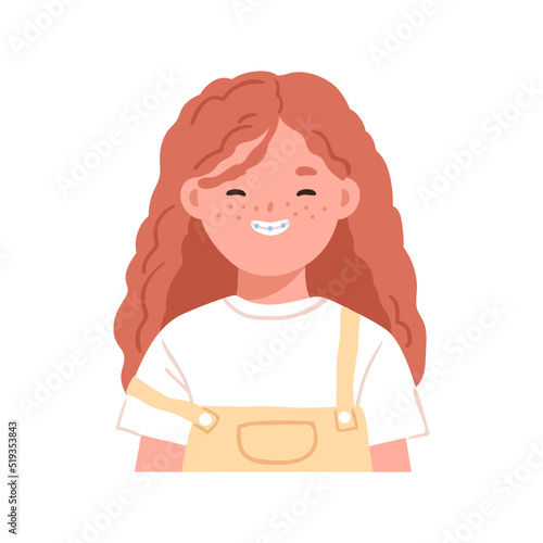 Happy girl head portrait. Cute smiling redhead child with freckles on face, ginger hair and braces on teeth. Adorable kid student, schoolgirl. Flat vector illustration isolated on white background