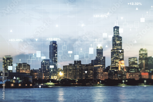 Abstract creative financial graph interface and world map on Chicago skyline background, forex and investment concept. Multiexposure © Pixels Hunter