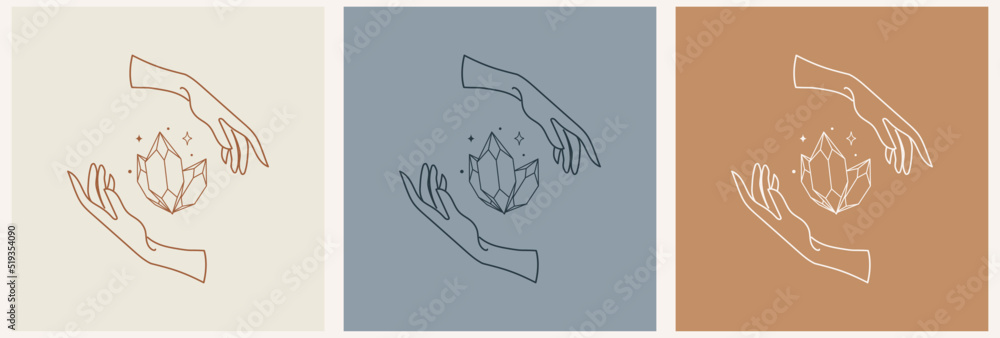 Mystical female hands logo in minimal linear style. Vector logo design. Templates with various hand gestures and crystals. For cosmetics, beauty, tattoo, spa, manicure, jewelry store Mystical female hands logo in minimal linear style. Vector logo design. Templates with various hand gestures and crystals. For cosmetics, beauty, tattoo, spa, manicure, jewelry store