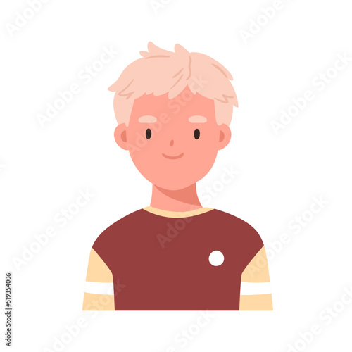 Cute boy head portrait. Positive child face avatar. Happy smiling school kid, little student. Adorable Scandinavian schoolboy with blonde hair. Flat vector illustration isolated on white background