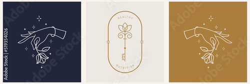 Mystical female hands logo in minimal linear style. Templates with various hand gestures, moon, stars and crystals. For cosmetics, beauty, tattoo, spa, manicure, jewelry store