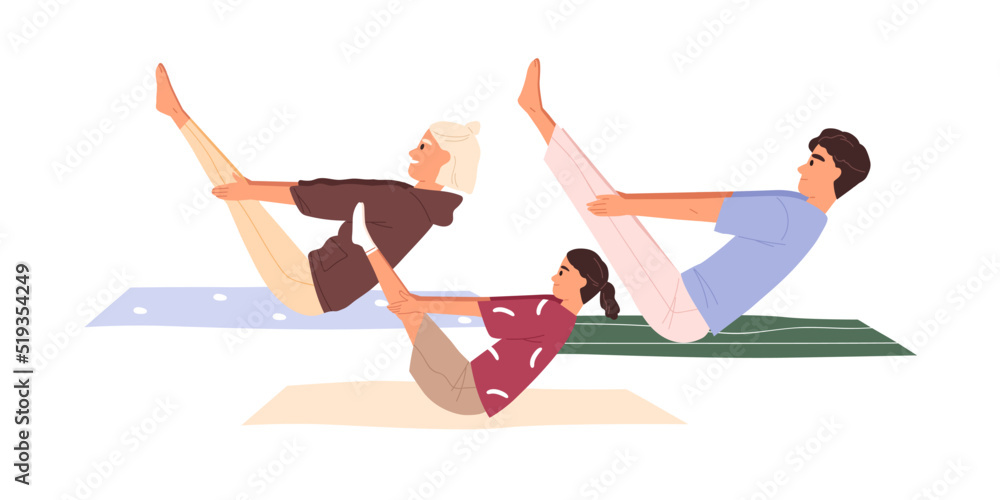 Fototapeta premium Healthy family with child doing sports exercises together. Parents and kid stretching on mats. Workout of mother, father, and daughter. Flat graphic vector illustration isolated on white background