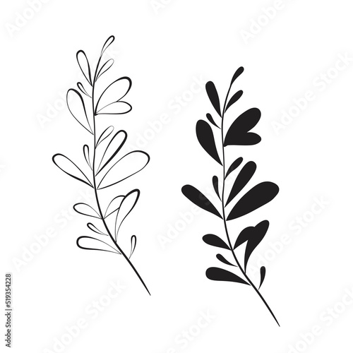 Vector icon of a branch. Botanical illustration in black color. Design element. Sketch for tattoos, greeting cards, blogs, posters. 
Design for printing on textiles, clothing.