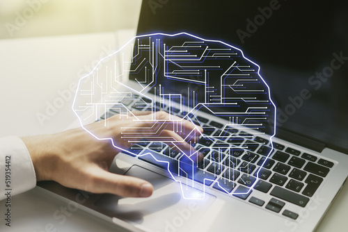 Fototapeta Naklejka Na Ścianę i Meble -  Double exposure of creative human brain microcircuit with hand typing on computer keyboard on background. Future technology and AI concept