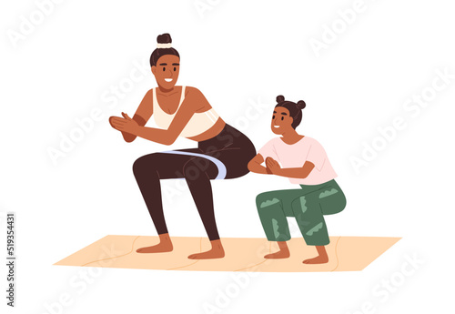 Mother and daughter doing squat exercise together. Happy active family, mom and girl kid training. Healthy workout of woman parent and child. Flat vector illustration isolated on white background