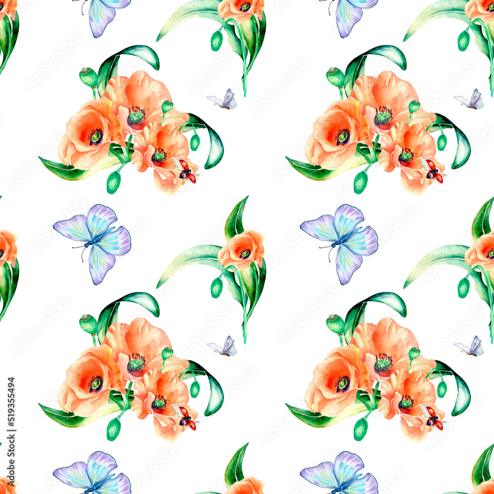 Meadow red flowers with butterflies watercolor seamless pattern on white.