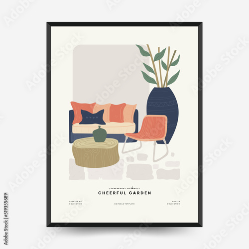 Nature, garden and landscape poster template or card. Flowers and plants at home and outdoor.