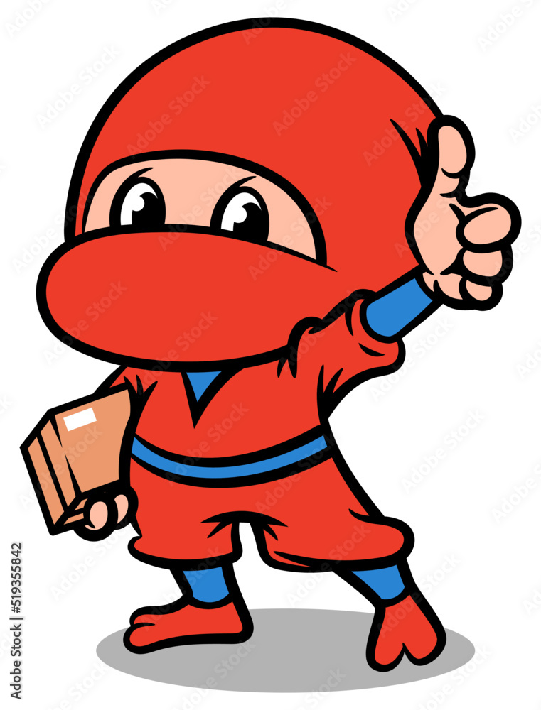 Kawaii Ninja Cartoon character carrying a package as a Courier and make thumb up gesture for a good services sign. Best for sticker, logo, and mascot for delivery service business
