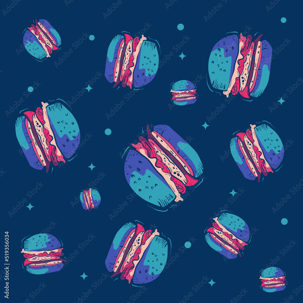 Fast food pattern with colorful burgers on blue background.