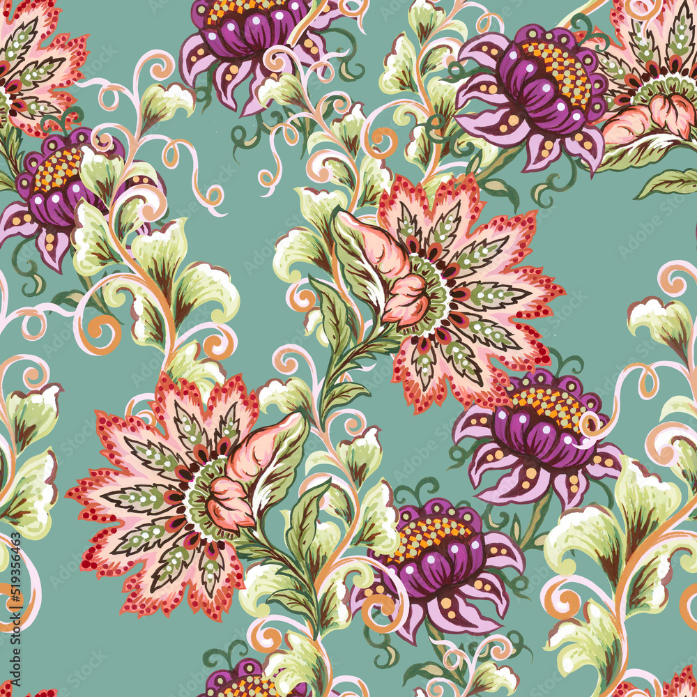 Paisley jacobean flower indian folk pattern. Damask floral illustration