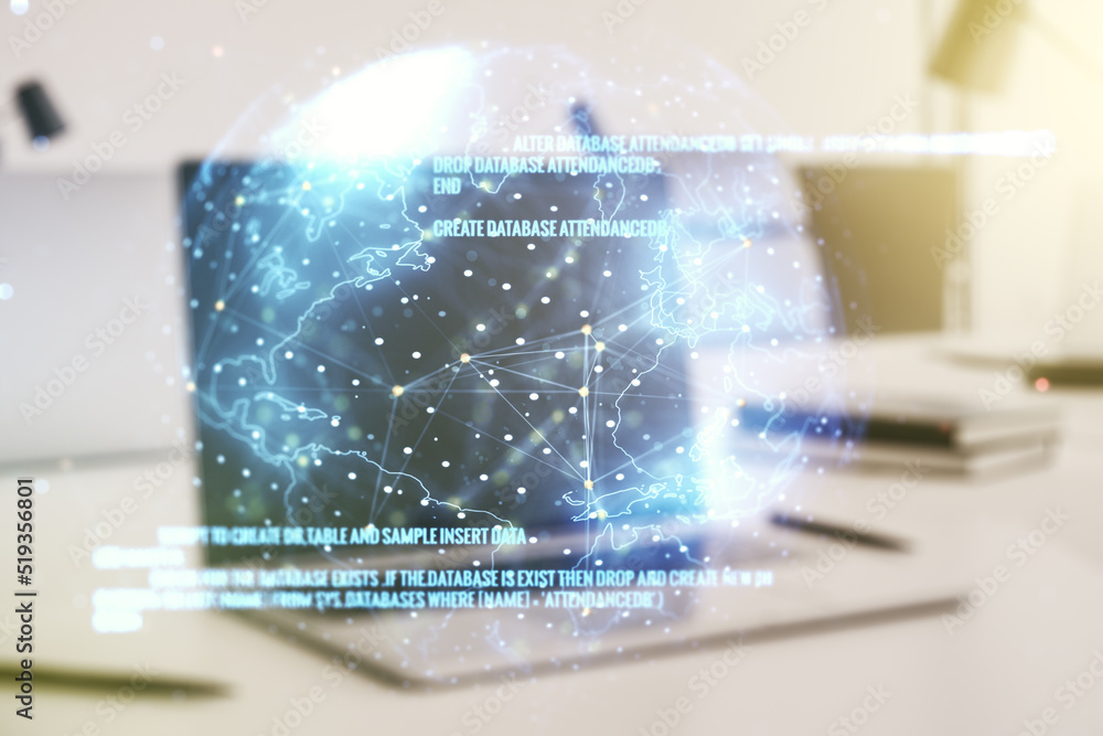 Abstract creative coding concept with world map on modern laptop background. Multiexposure Abstract creative coding concept with world map on modern laptop background. Multiexposure