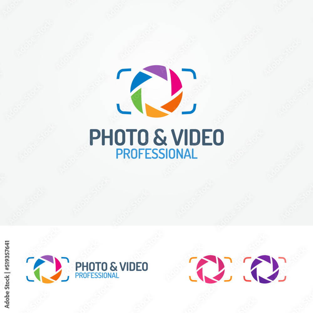 Photo and video logo set with aperture modern flat color style can for use photostudio, photoalbum, photoschool, photoeducation, photolaboratory, food photo, wedding and etc. Vector Illustration Photo and video logo set with aperture modern flat color style can for use photostudio, photoalbum, photoschool, photoeducation, photolaboratory, food photo, wedding and etc. Vector Illustration