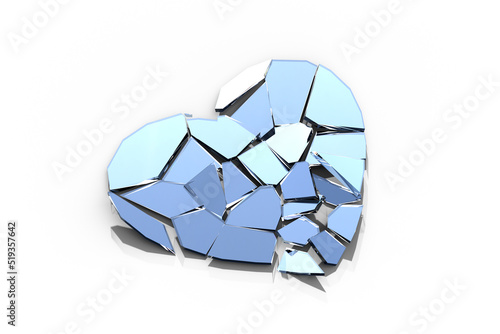 Glass broken heart abstract 3D illustration. Divorce, break up, depression, love symbol. Heart attack. Product placement cosmetics background. Shattered mirror heart shape isolated