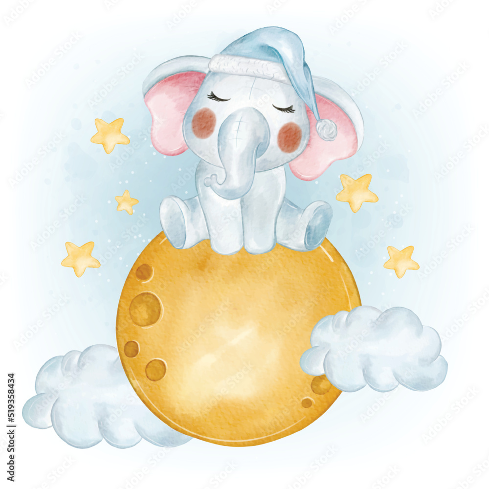Sleeping Baby Elephant on the Moon Star Watercolor Stock Vector | Adobe ...