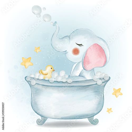 Baby Elephant Playing Bubble with Duck on the Bath Watercolor