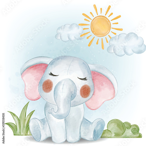 Adorable Baby Elephant in the Garden Watercolor