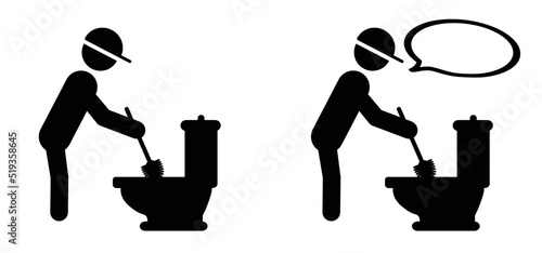 Toilet brush, please keep toilet clean. WC icon or pictogram. Toilets seat label. Restroom or bathroom symbol or logo. Vector toilets man or woman urinate to cleanup. toilet equipment.