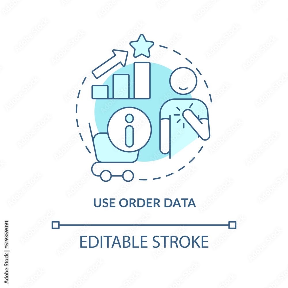 Use order data turquoise concept icon. Analyze data. Client engagement strategy abstract idea thin line illustration. Isolated outline drawing. Editable stroke. Arial, Myriad Pro-Bold fonts used